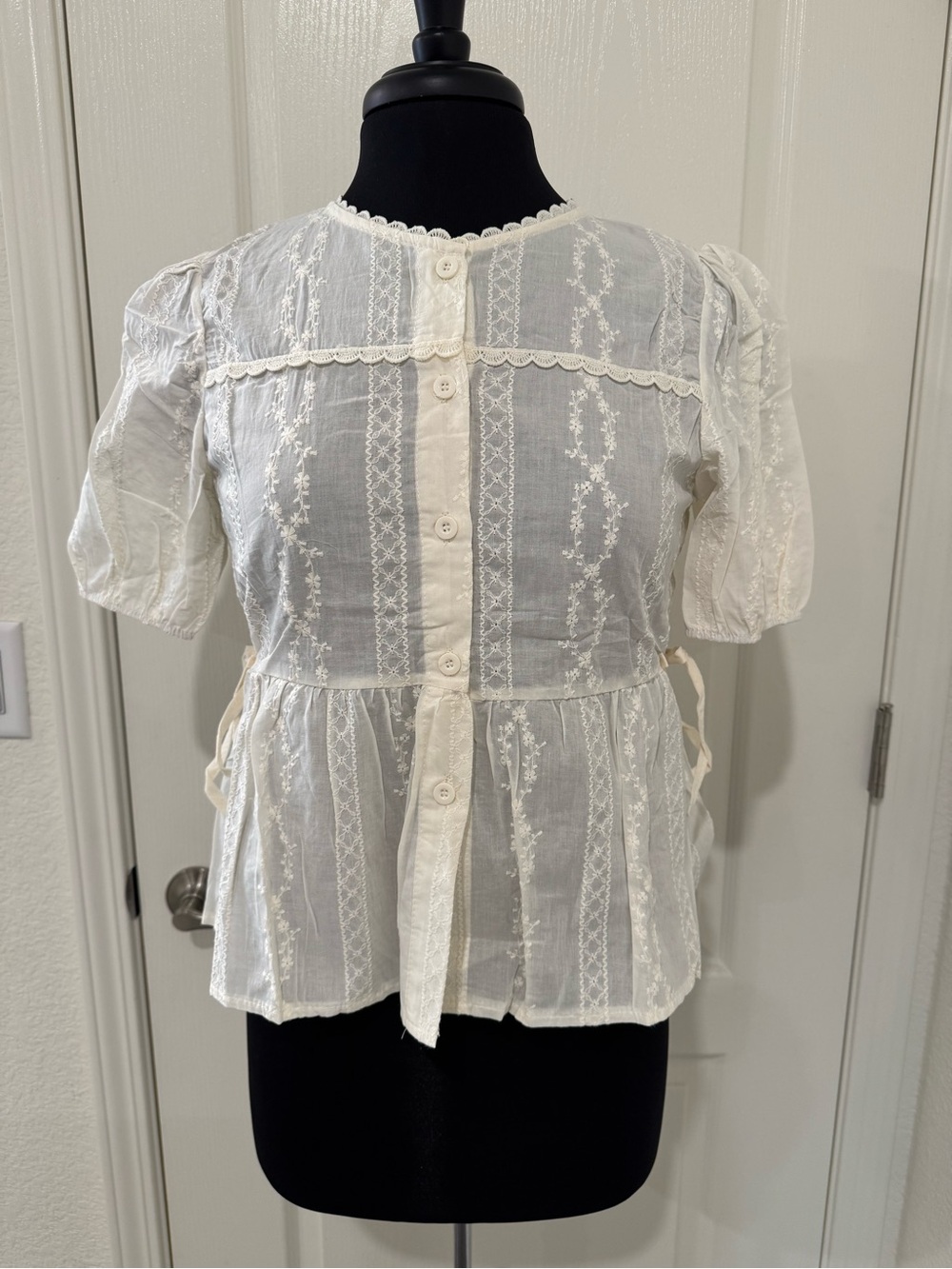 White Lace Button-Front Peplum Women's Top
